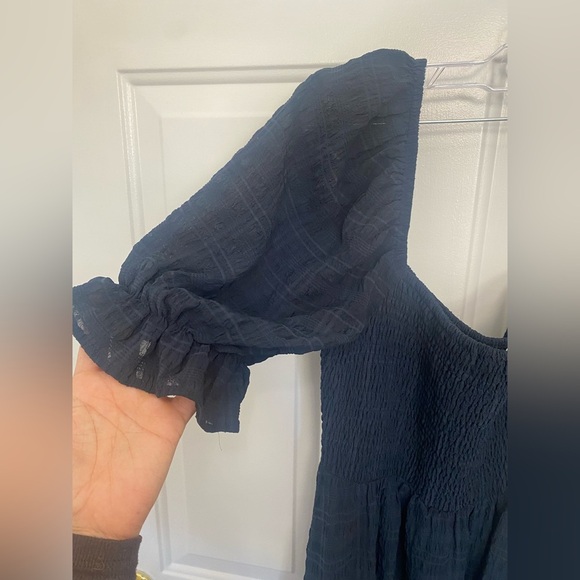 Women’s Altar’d State Checked Navy Blue Nap Dress With Puff Sleeves Size Large - Picture 5 of 7